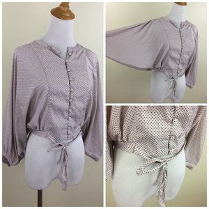 URBAN OUTFITTERS Light Pink Black Print Dolman Sleeve Tie Hem Button Crop Shirt